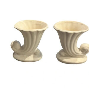 Pair Vintage Cream USA American Pottery Cornucopia Vases